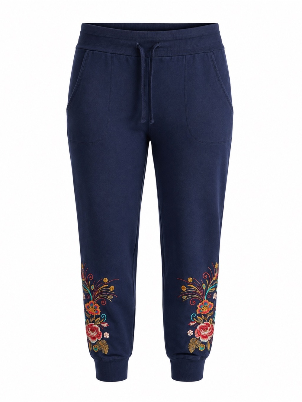 Johnny Was Los Angeles Navy Floral Embroidered Cotton Jogger Pants Medium